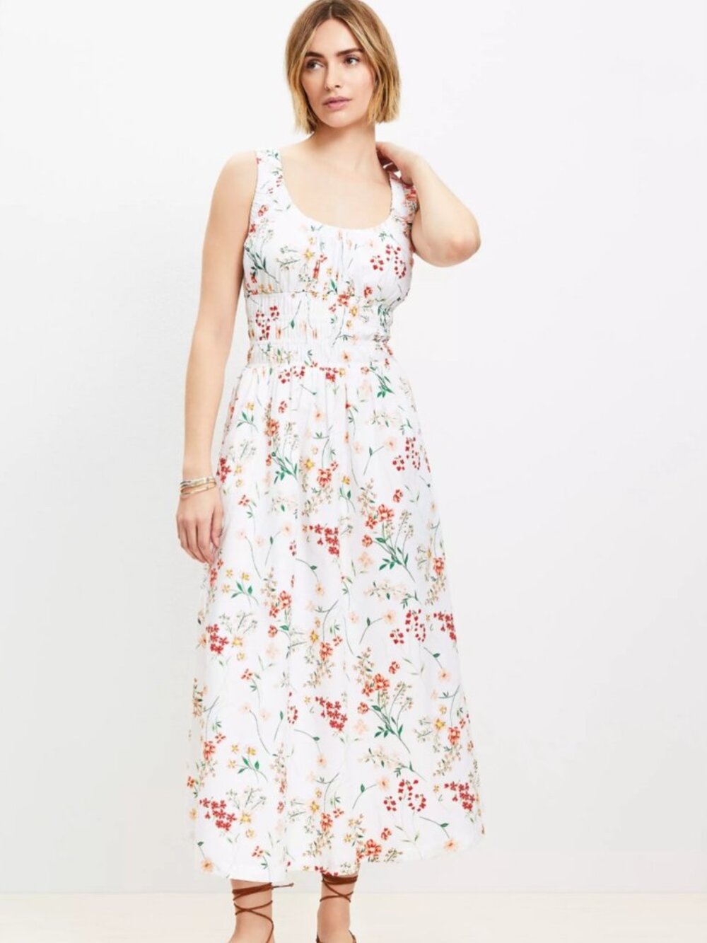 LOFT White Floral Print Smocked Waist Cotton Maxi Dress in Women's X-Large